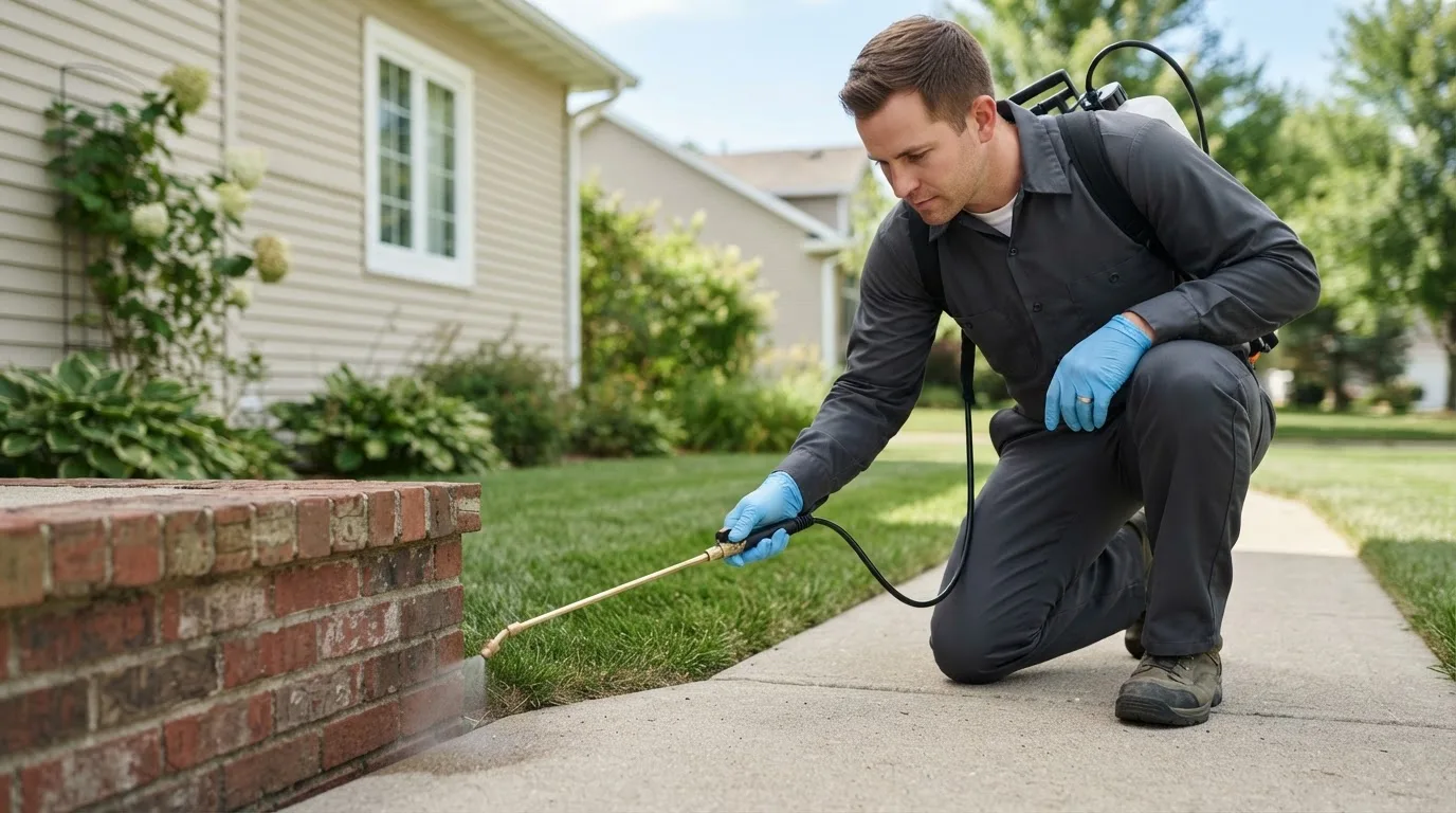 Pest control technician treating a home near Ben Franklin, TX