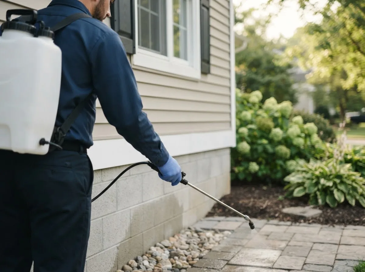 Pest control technician inspecting a home in Ben Franklin, TX